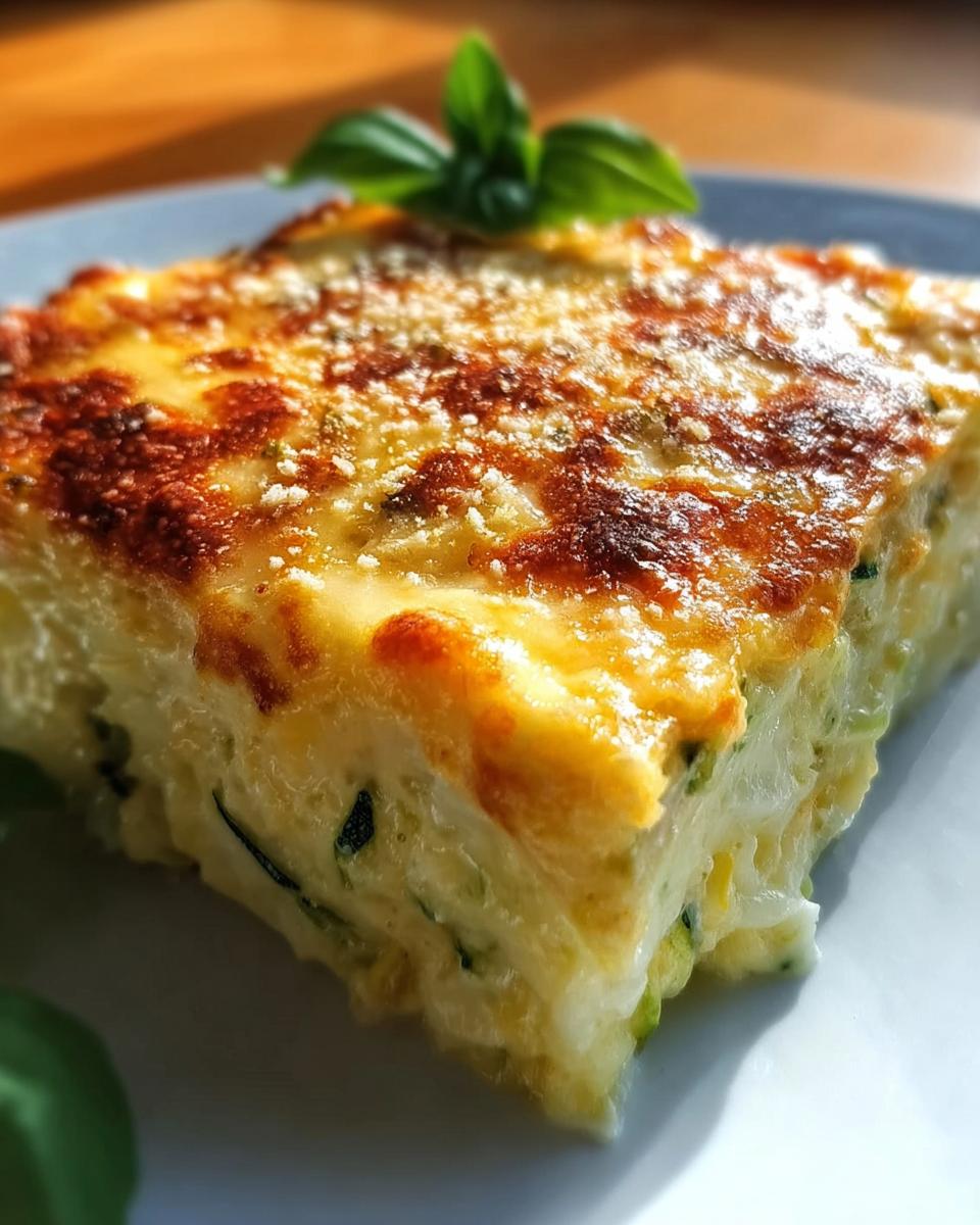 Nahaufnahme eines cremigen Stücks Zucchini-Nudelauflauf mit Käse und goldbraun gebackener Kruste.