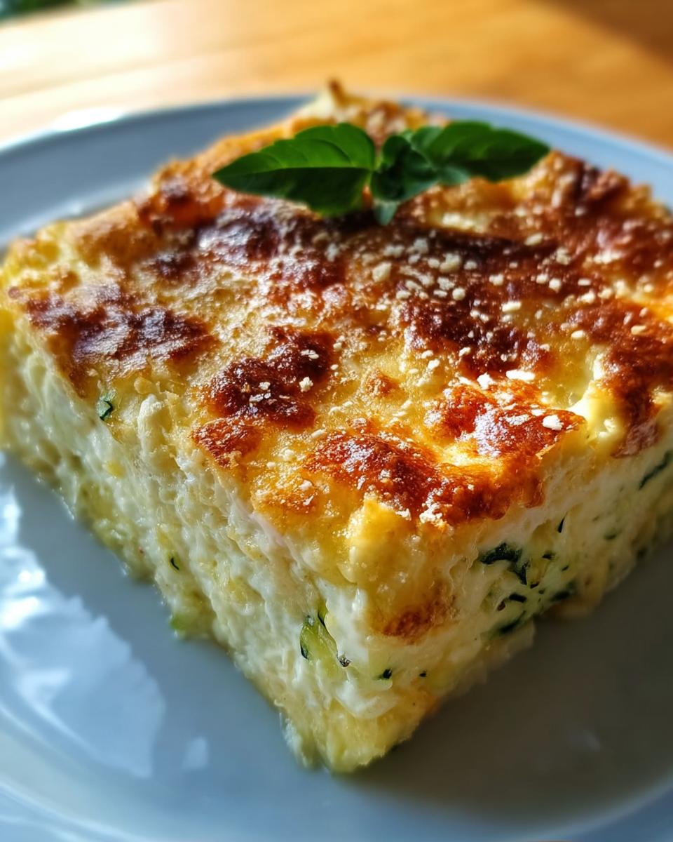 Ein quadratisches Stück Zucchini-Nudelauflauf mit Käse auf einem Teller, mit goldbraun gebackener Käsekruste und Basilikum.