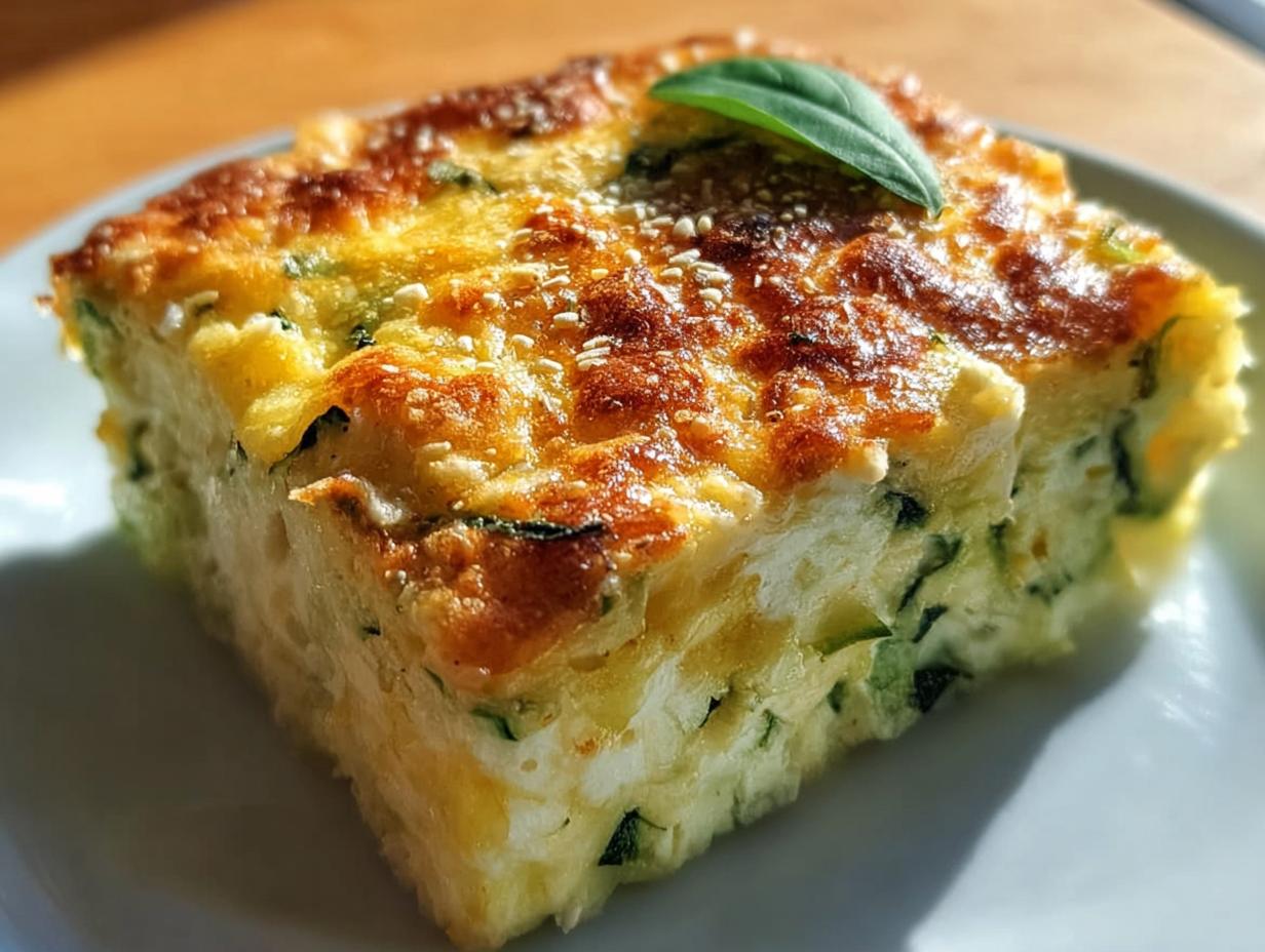 Ein saftiges Stück Zucchini-Nudelauflauf mit Käse mit einer goldbraunen Kruste, garniert mit Basilikum.
