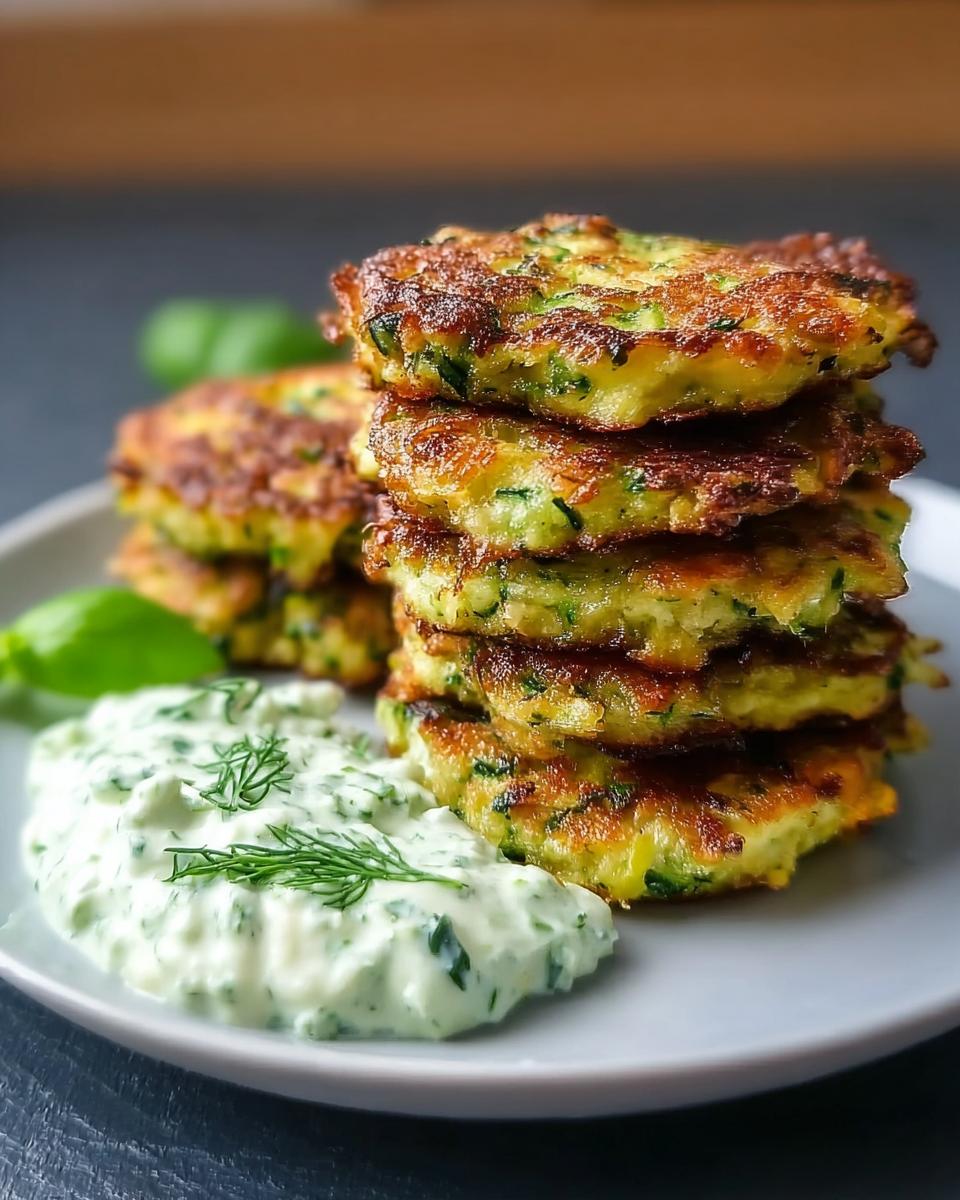 Ein Stapel goldbraun gebratener Zucchini-Puffer mit Kräuterquark auf einem grauen Teller.