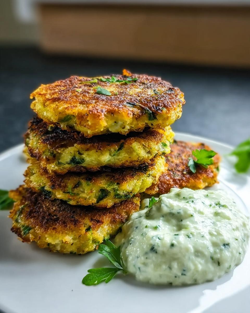 Stapel von goldbraun gebratenen Zucchini-Puffer mit Kräuterquark auf einem weißen Teller.