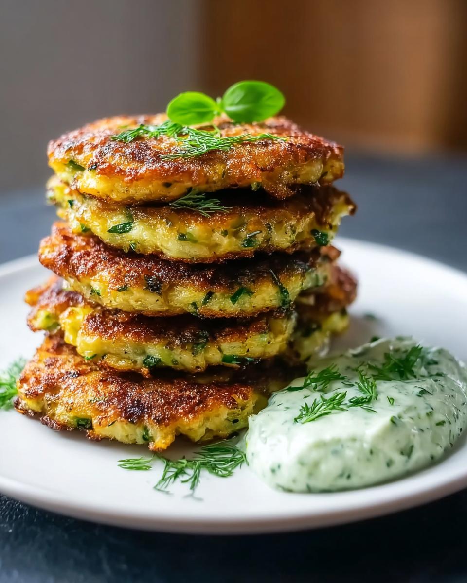 Ein Stapel goldbraun gebratener Zucchini-Puffer mit Kräuterquark auf einem weißen Teller.