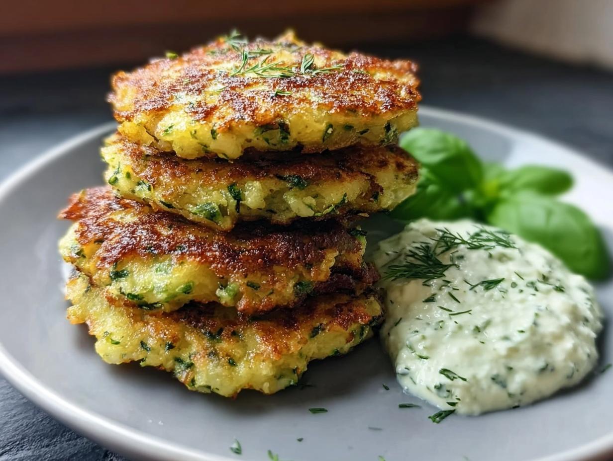 Stapel von vier goldbraun gebratenen Zucchini-Puffer mit Kräuterquark und frischen Kräutern.